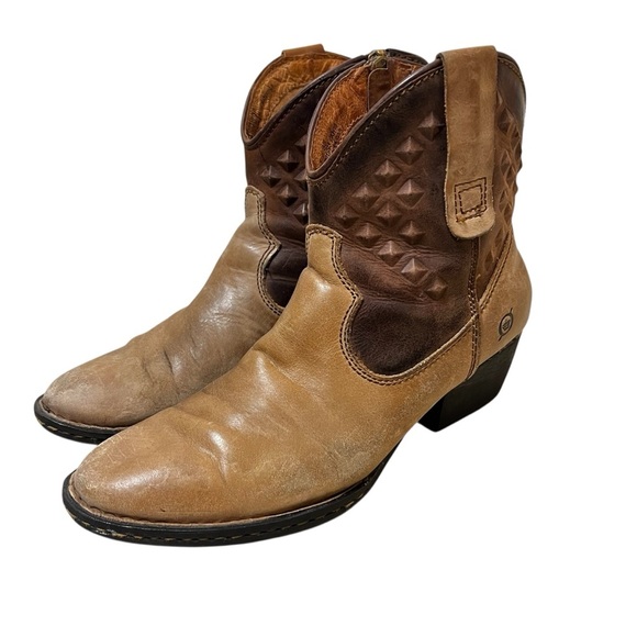Born Brown Tan 7 Leather Distressed Western Cowboy Boho Comfort Ankle Boots - Picture 2 of 12